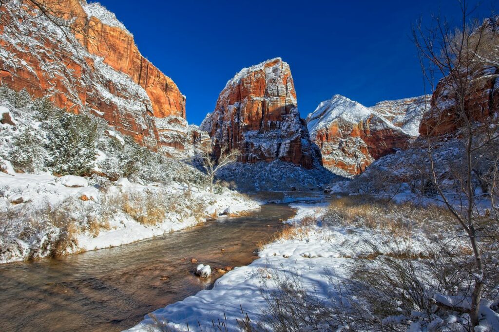 Snowy Mountains, Trees and Virgin River