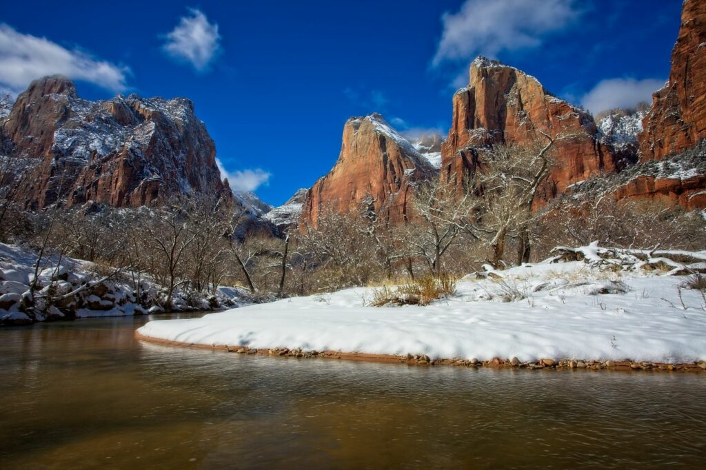 The Virgin River with Snow and Mountain on The Bank